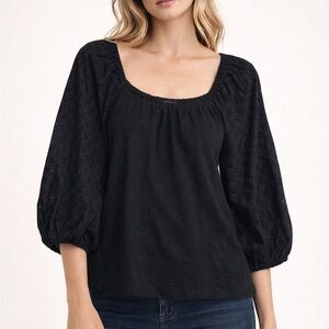 NWT Sanctuary Blouse Top Womens Size Xs Black Eyelet Puff‎ Sleeves Bohemian